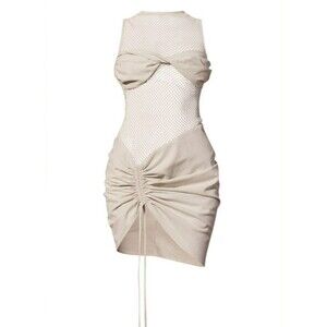 Pretty Little Thing Size 6 Off White Sheer Panel Detail Ruched Bodycon Dress NWT